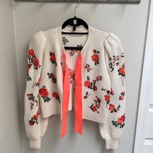 Alice + Olivia Embroidered Floral Knit Cardigan in Cream with Ribbon Tie Front